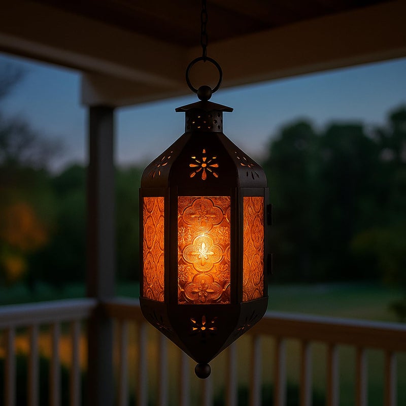 Vela Lanterns 11.5" Hanging Moroccan Decorative Candle Lantern Lamp â€“ Indoor/Outdoor Tea Light Candle Holder for Patio, Porch, Ramadan or Home Decor, Amber Orange - Image 2